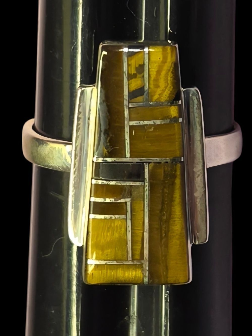 Navajo RB Sterling Silver Tiger Eye Jasper Onyx Inlay Statement Ring Size 8